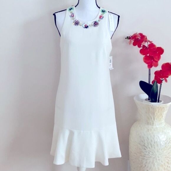 TRINA TURK NWT WHITE STONE EMBELLISHED NECKLINE SLEEVELESS DRESS RUFFLE BOTTOM - Picture 2 of 11